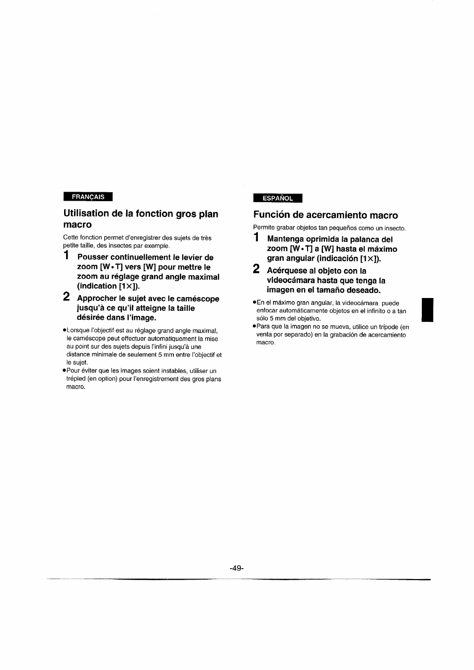 Utilisation de la fonction gros plan macro, Función de acercamiento macro | Panasonic NVRX50EG User Manual | Page 49 / 136