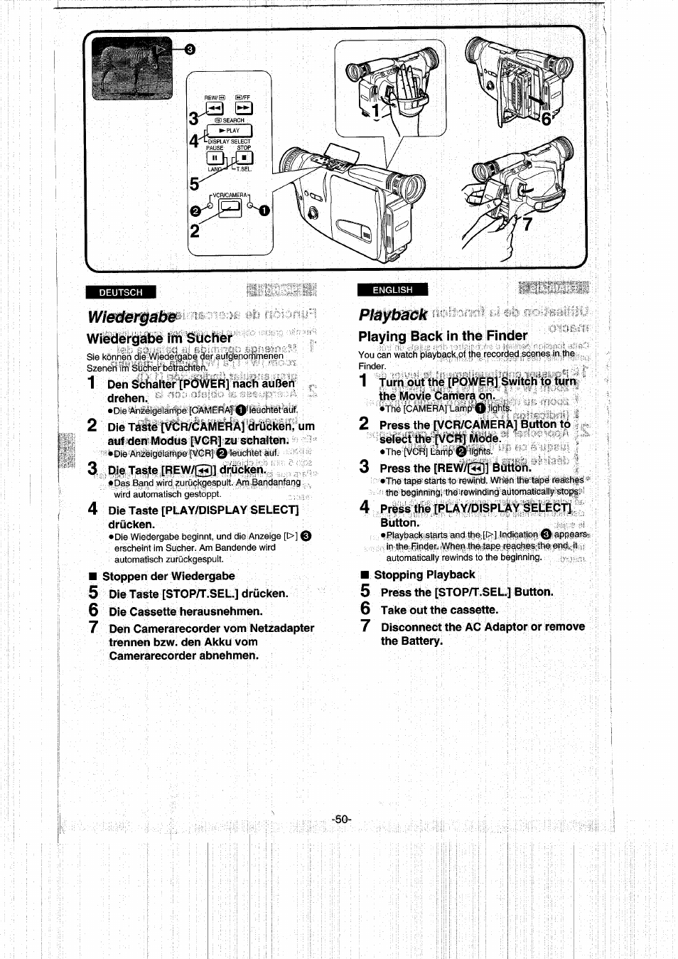 Wiedergabe, Wiedergabe im sucher, Playback | Playing back in the finder | Panasonic NVRX50EG User Manual | Page 50 / 136