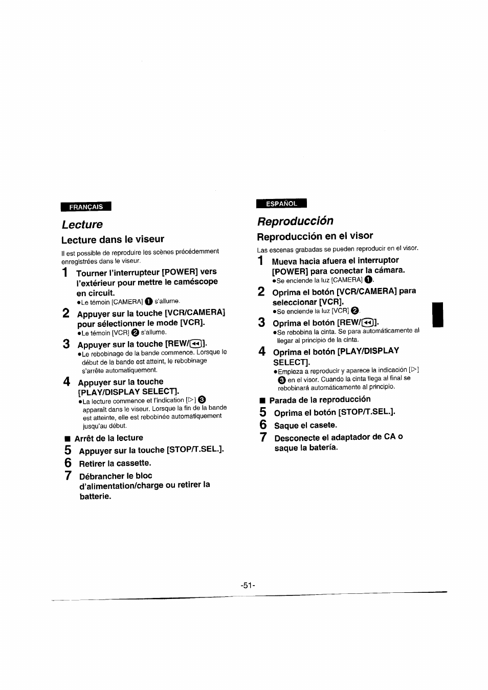 Lecture, Lecture dans le viseur, Reproducción | Reproducción en el visor | Panasonic NVRX50EG User Manual | Page 51 / 136