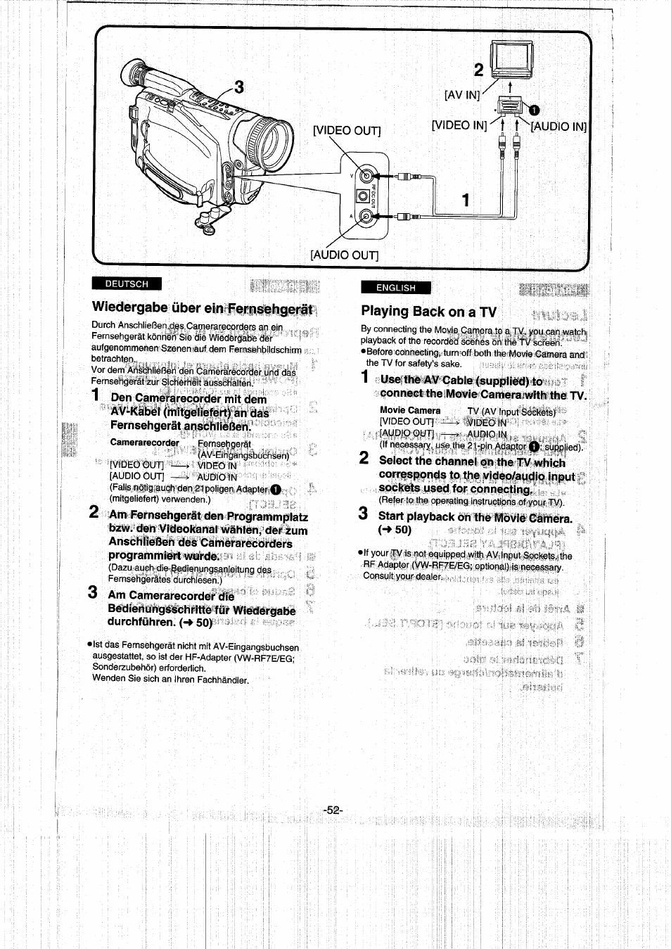 Wiedergabe über ein fernsehgerät, Playing back on a tv | Panasonic NVRX50EG User Manual | Page 52 / 136