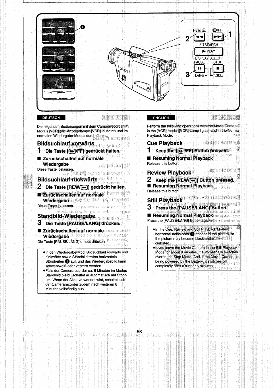 Bildsuchlauf vorwärts, 1 die taste gedrückt halten, Zurückschalten auf normale wiedergabe | Bildsuchlauf rückwärts, 2 die taste [rew/@] gedrückt halten, Zurückiächalten auf normale wiedergabe, Standbild-wiedergabe, 3 die taste [pause/lang] drücken, Cue playback, 1 keep the [[^/ff] button pressed | Panasonic NVRX50EG User Manual | Page 58 / 136