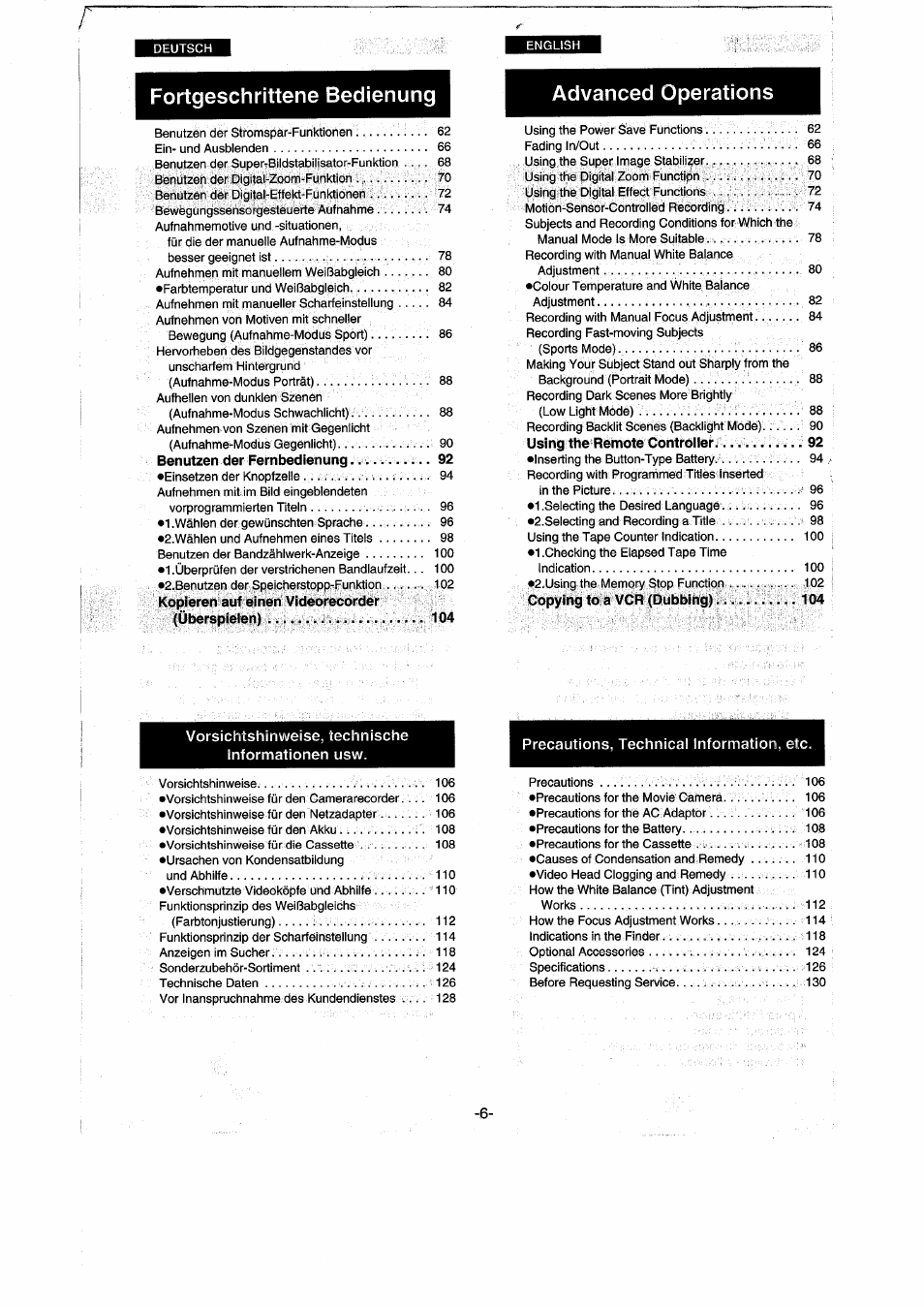 Fortgeschrittene bedienung, Advanced operations | Panasonic NVRX50EG User Manual | Page 6 / 136