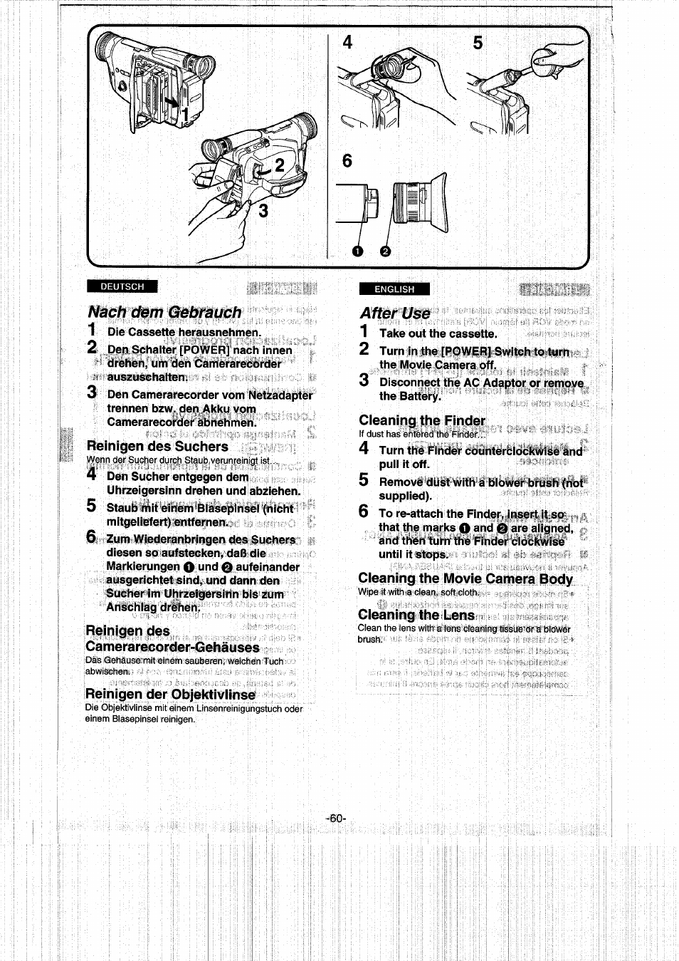 Nach dam gebrauch, Reinigen des suchers, Reinigen des | Camerarecorder-gehäuses, Reinigen der objektiviinse, After use, Cieaning the finder, Cieaning the movie camera body, Cieaning the lens, Nach dem gebrauch | Panasonic NVRX50EG User Manual | Page 60 / 136