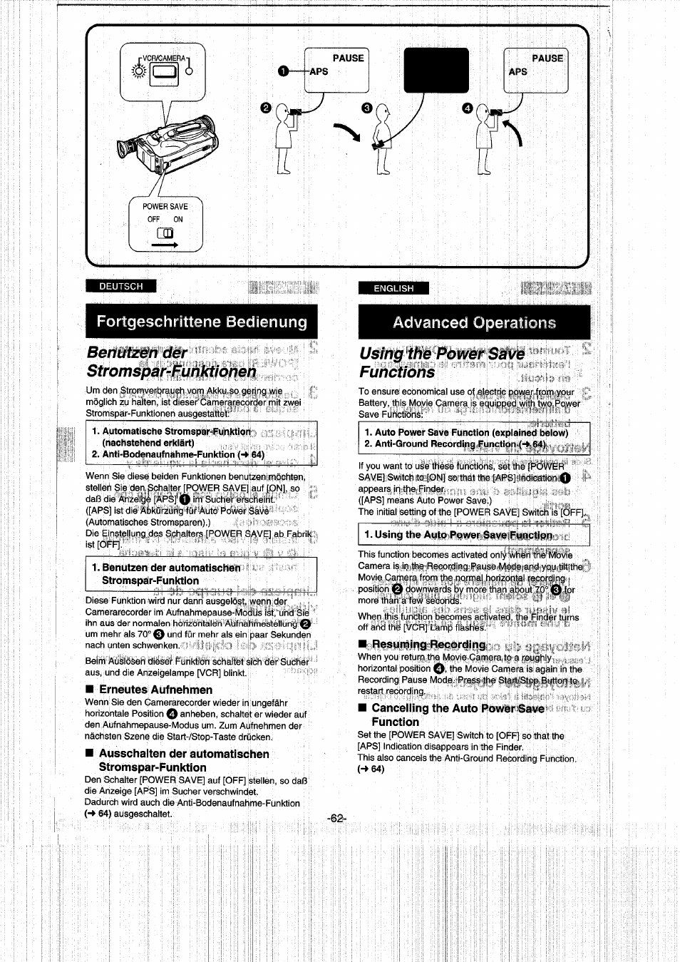 Benutzen der stromspar-funktionen, Automatische stromspar-funktion i, Anti-bodenaufnahme-funktion {•* 64) | Erneutes aufnehmen, Ausschalten der automatischen stromspar-funktion, Using the power sdve functions, Resuming recording, Cancelling the auto power save function, Using the power save functions, Advanced | Panasonic NVRX50EG User Manual | Page 62 / 136