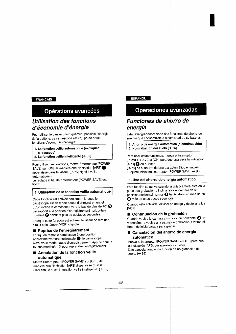 Utilisation des fonctions d’économie d’énergie, La fonction veille intelligente (-> 65), Reprise de l’enregistrement | Annulation de la fonction veille automatique, Funciones de ahorro de energía, Continuación de la grabación, Cancelación del ahorro de energía automático, Opérations avancées, Operaciones avanzadas | Panasonic NVRX50EG User Manual | Page 63 / 136