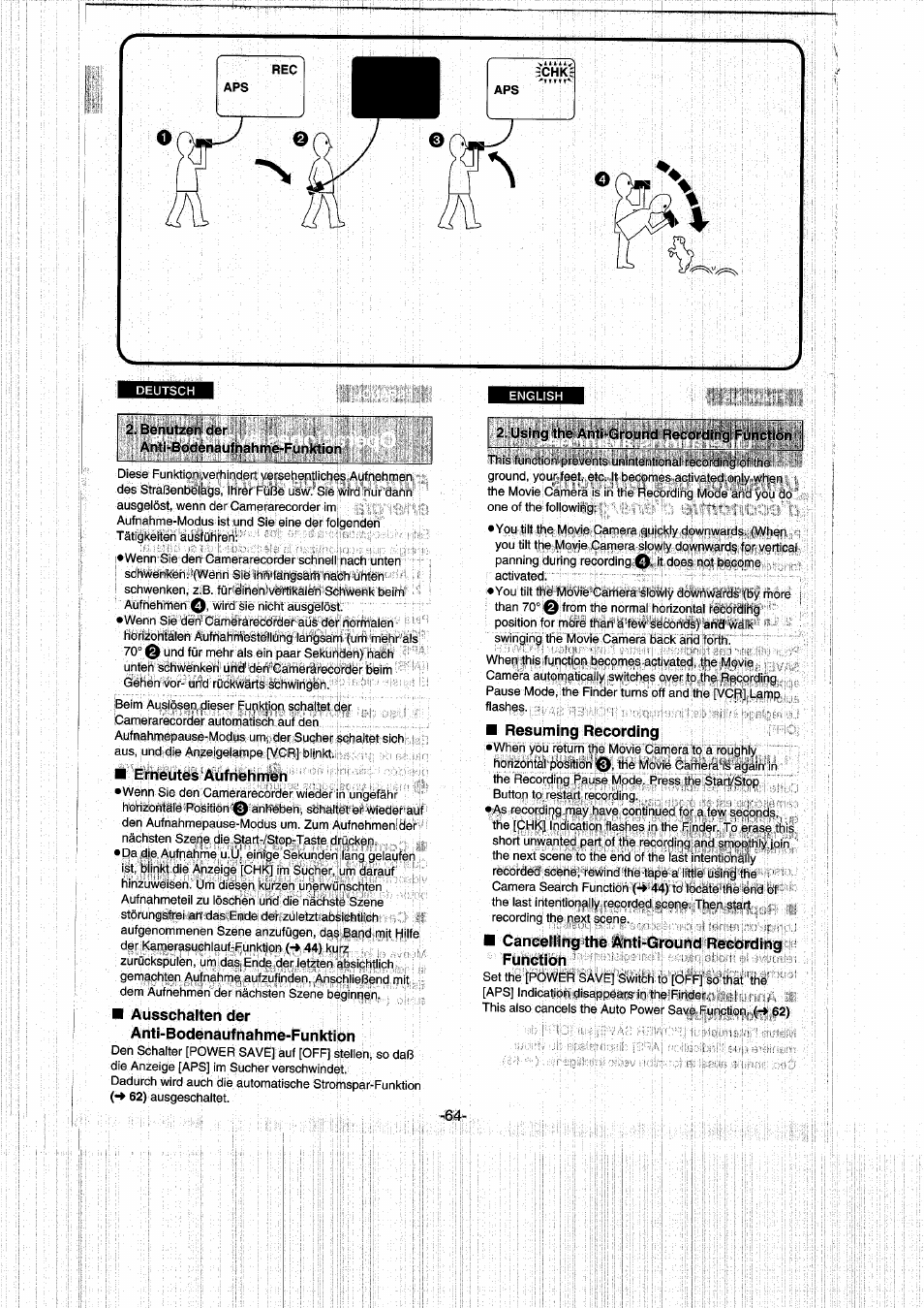 Benutzen der, Anti-bodénaufnahrne-funktion, Erneutes aufnehmen | Ausschalten der anti-bodenaufnahme-funktion, Resuming recording, Canceiiing the anti-ground recording function, Benutzen der anti-bodénaufnahrne-funktion, Using the anti-ground becö'rdtiirgi | Panasonic NVRX50EG User Manual | Page 64 / 136