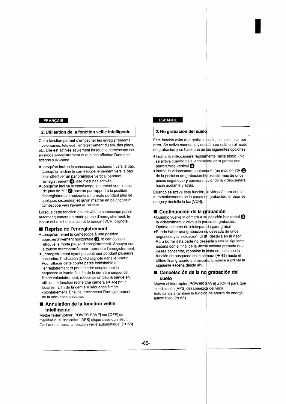 Français, Español, Reprise de l’enregistrement | Annulation de la fonction veiile inteliigente, No grabación del suelo, Continuación de ia gmbación, Canceiación de ia no grabación dei sueio | Panasonic NVRX50EG User Manual | Page 65 / 136