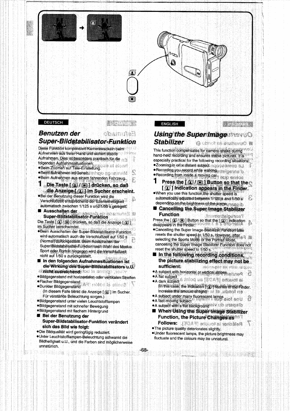 Benutzen der super-bildstabilisator-funktion, Using the super image stabilizer | Panasonic NVRX50EG User Manual | Page 68 / 136