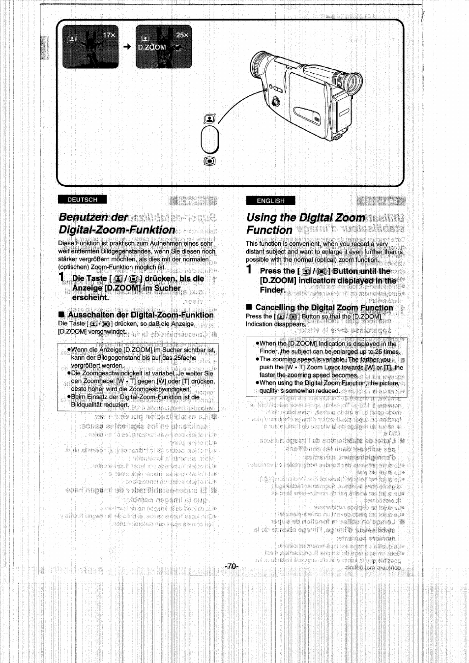 Benutzen der digital-zoom-funktion, Ausschaiten der digitai-zoom-funktion, Using the digital zoom function | Cancelling the digital zoom function, Using the digital effect functions | Panasonic NVRX50EG User Manual | Page 70 / 136