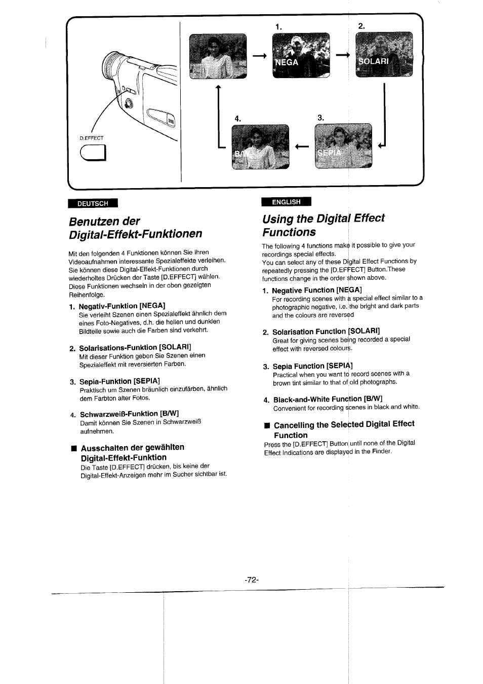 Benutzen der digital-effekt-funktionen, Negativ-funklion [nega, Soiarisations-funktion [solari | Sepia-funktion [sepia, Schwarzweiß-funktion [b/w, Ausschaiten der gewählten digital-effekt-funktion, Using the digital effect functions, Negative function [n^ga, Solarisation function [solari, Sepia function [sepial | Panasonic NVRX50EG User Manual | Page 71 / 136