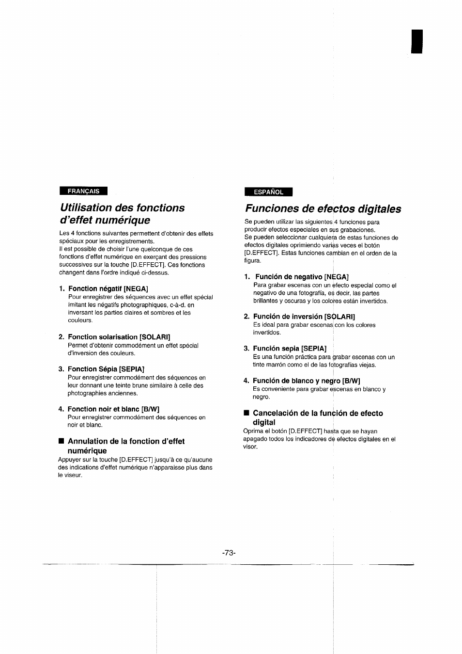 Français, Utilisation des fonctions d’effet numérique, Fonction négatif [n ega | Fonction soiarisation [solari, Fonction sépia [sepia, Fonction noir et blanc [b/w, Annulation de la fonction d’effet numérique, Funciones de efectos digitales, Función de negativo [nega, Función de inversión [solari | Panasonic NVRX50EG User Manual | Page 73 / 136