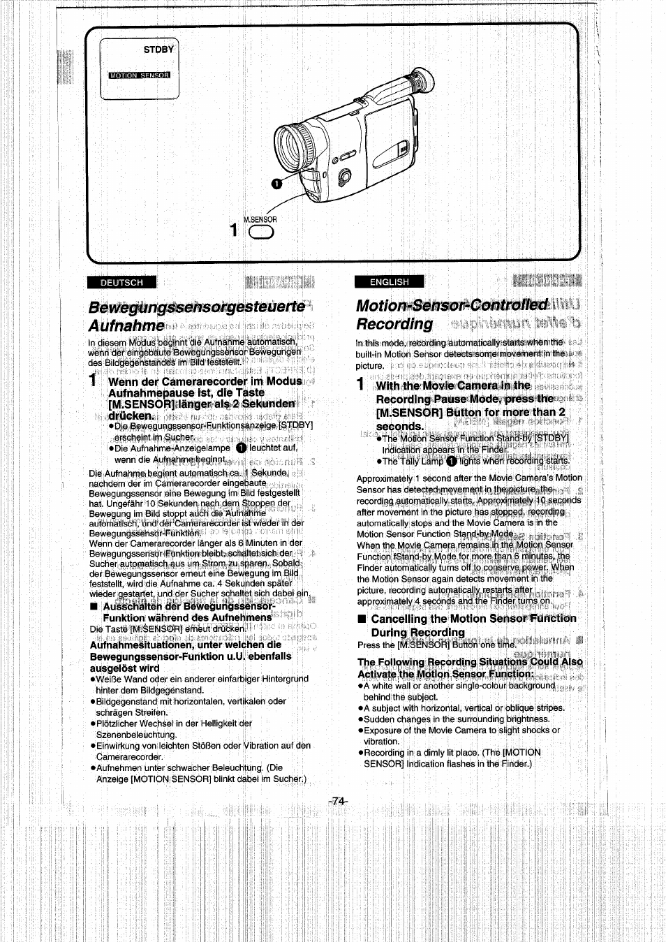 Bewegüngssensorgesteuerte, Aufnahme, Motion-sensor-contmlled | Recording, Bewegüngssensorgesteuerte aufnahme, Motion-sensor-contmlled recording | Panasonic NVRX50EG User Manual | Page 74 / 136