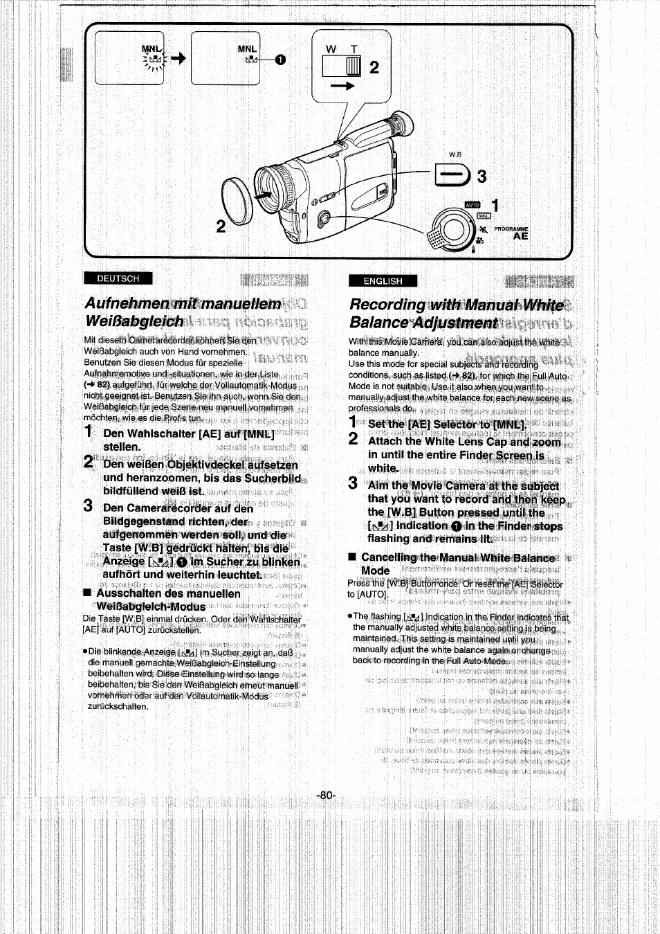 Aufnehmen mit manuellem weißabgleich, Recording with manual white balance adjustment, Aufnehmen mit manuellem weißabglelch | Panasonic NVRX50EG User Manual | Page 80 / 136