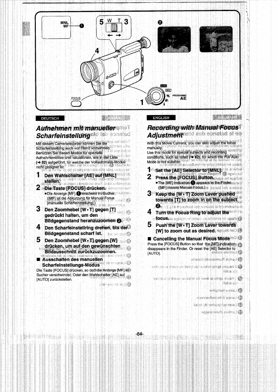 Auf nehmen mit manueller scharfeinstellung, Recording with manual focus > adjustmeht, Aufnehmen mit manueller scharfeinstellung | Recording with manual focus, Adjustmeht | Panasonic NVRX50EG User Manual | Page 84 / 136