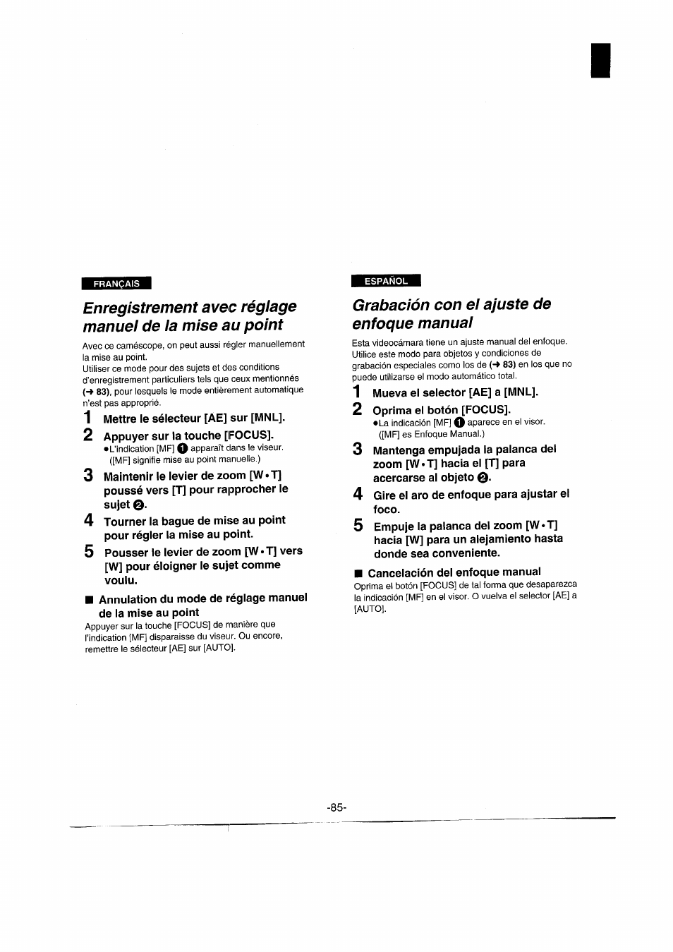 Français, Grabación con el ajuste de enfoque manual | Panasonic NVRX50EG User Manual | Page 85 / 136