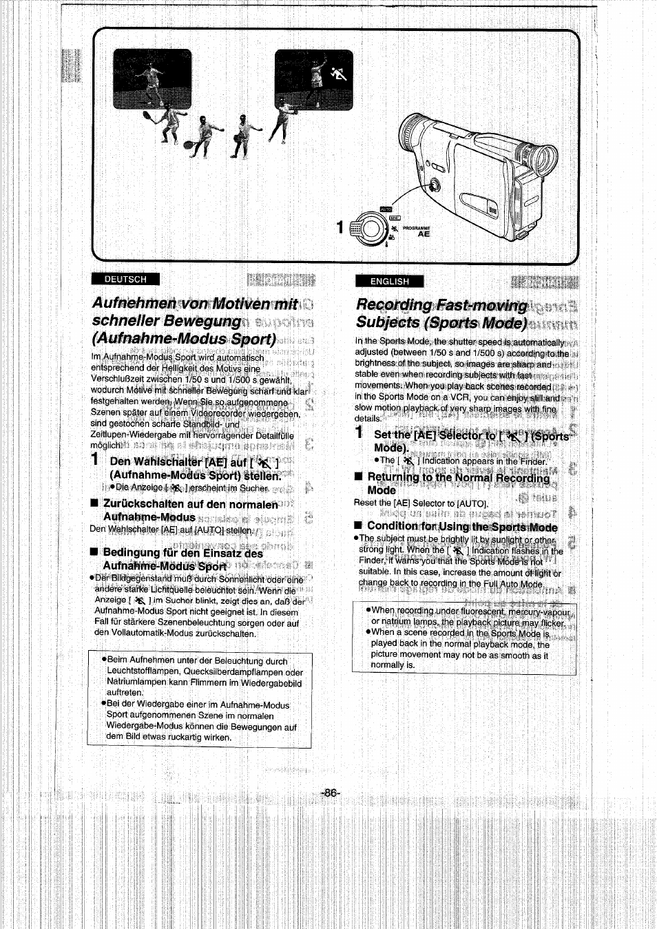 Zurückschalten auf den normalen aufnahme-modus, Bedingung für den einsatz des aufnahme-modus sport, Recording fast-moving subjects (sports mode) | 1 set the [ae] selector to [ ] (spiorts, Mode), Returning to the normal repording mode, Condition for using the sports mode | Panasonic NVRX50EG User Manual | Page 86 / 136