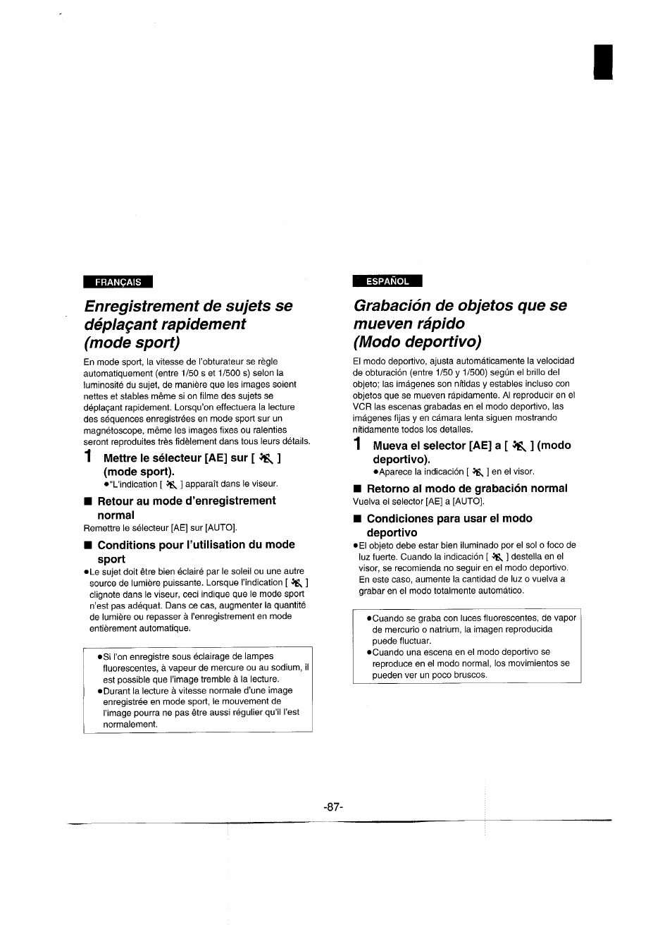 Français, 1 mettre le sélecteur [ae] sur, Mode sport) | Retour au mode d’enregistrement normal, Conditions pour l’utilisation du mode sport, 1 mueva el selector [ae] a [ ^ ] (modo deportivo), Retorno al modo de grabación normal, Condiciones para usar el modo deportivo | Panasonic NVRX50EG User Manual | Page 87 / 136