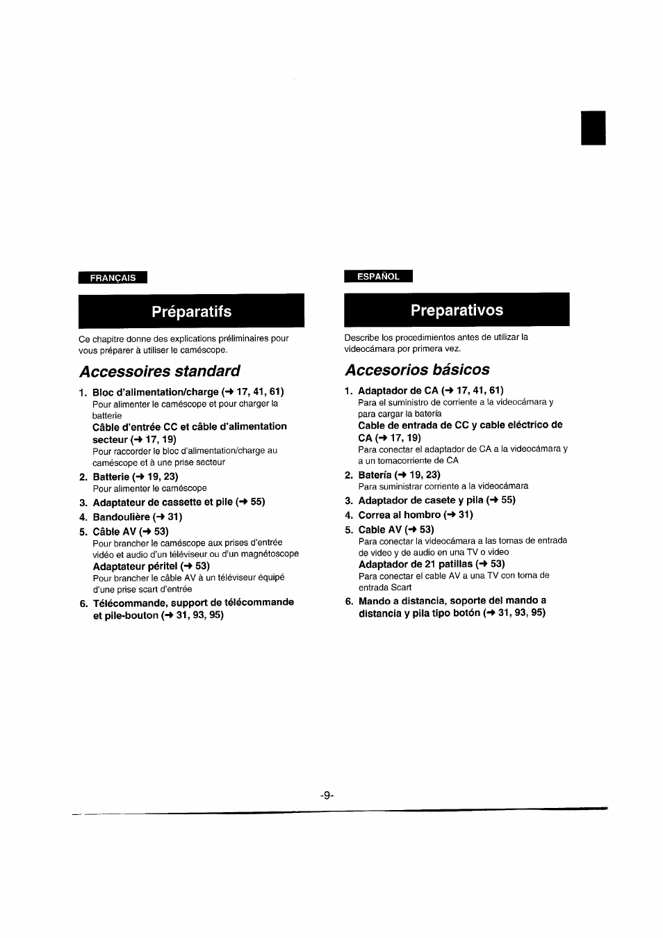 Accessoires standard, Bloc d’alimentation/charge (-» 17, 41,61), Batterie (-*19, 23) | Adaptateur de cassette et pile (-* 55), Bandoulière (-* 31), Câble av (-* 53), Adaptador de ca (-* 17, 41, 61), Batería (-* 19, 23), Adaptador de casete y pila (-* 55), Correa al hombro (-* 31) | Panasonic NVRX50EG User Manual | Page 9 / 136