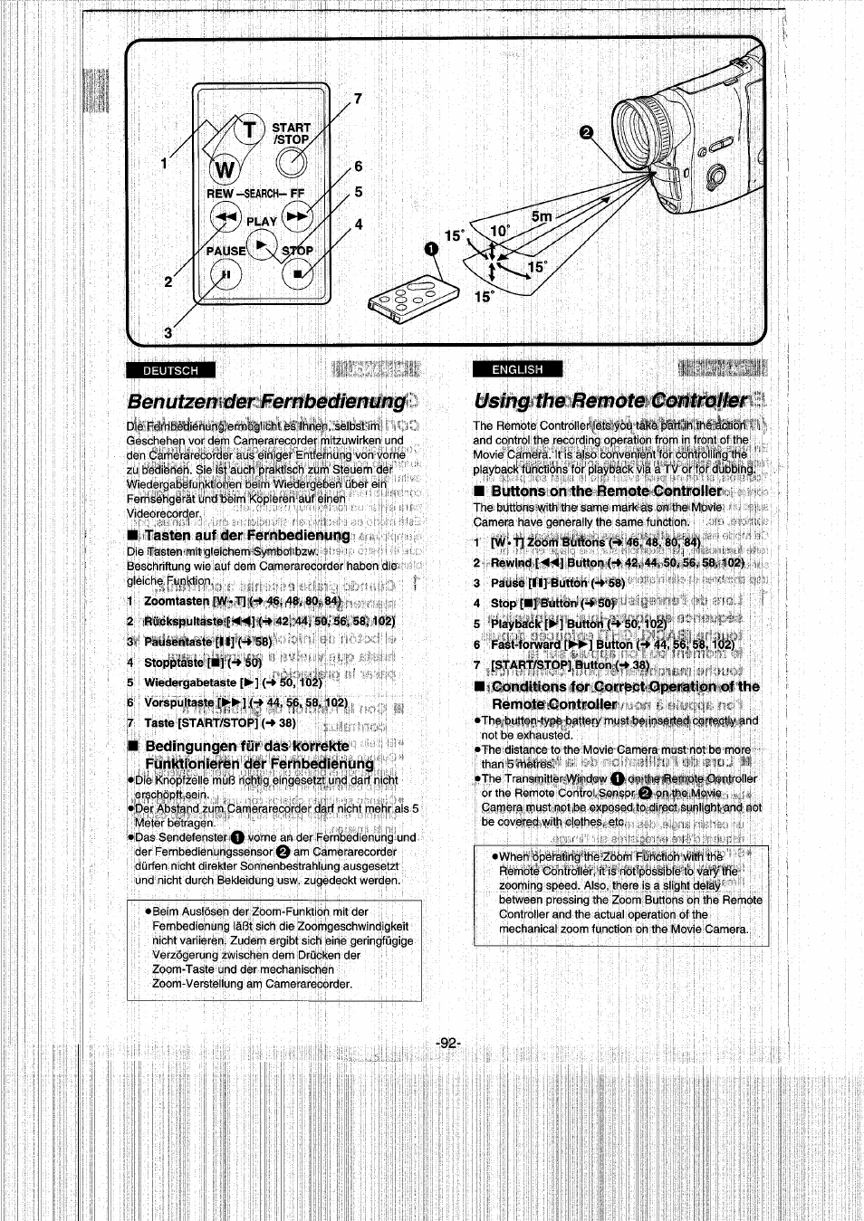 Benutzen der fernbedienung, Tasten auf der fernbedienung, 1 zoomtasten [w ♦ t| (-» 46,48,80,84) | 2 rückspultaste[<4'4](-»42, 44, 50,56,58,102), 3' pausentaste [ii] (-> 58), 4 stopptaste [■] (-> 50), 5 wiedergabetaste [^] {-* 50, io2), 6 vorspultaste [i^^] (~^ 44, 56, 58,102), Using the remote cohtroiter, Buttons on the remote controller | Panasonic NVRX50EG User Manual | Page 92 / 136