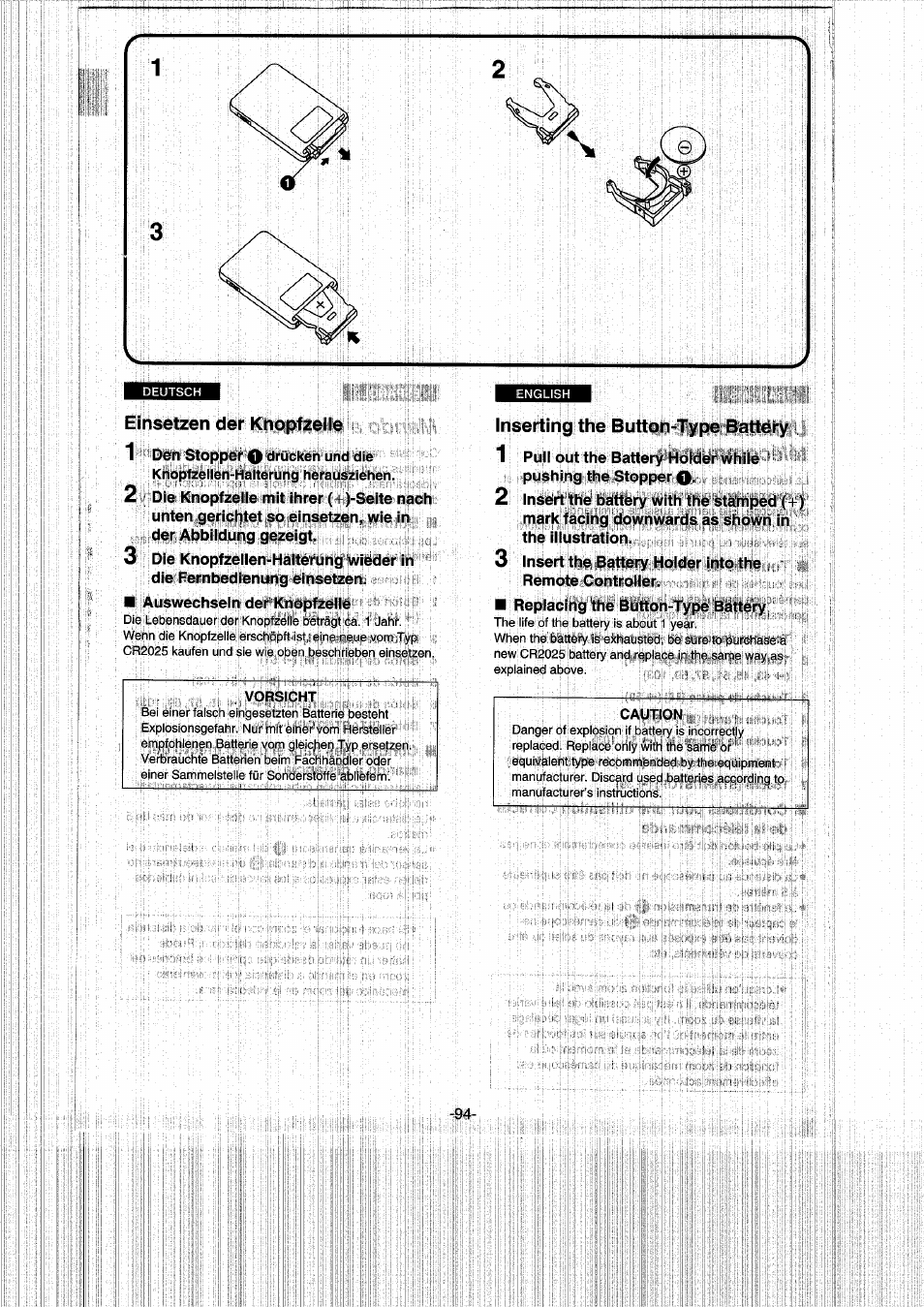 Einsetzen der knopfzelle, Inserting the button-type battdry, Inserting the button-type battery | Panasonic NVRX50EG User Manual | Page 94 / 136