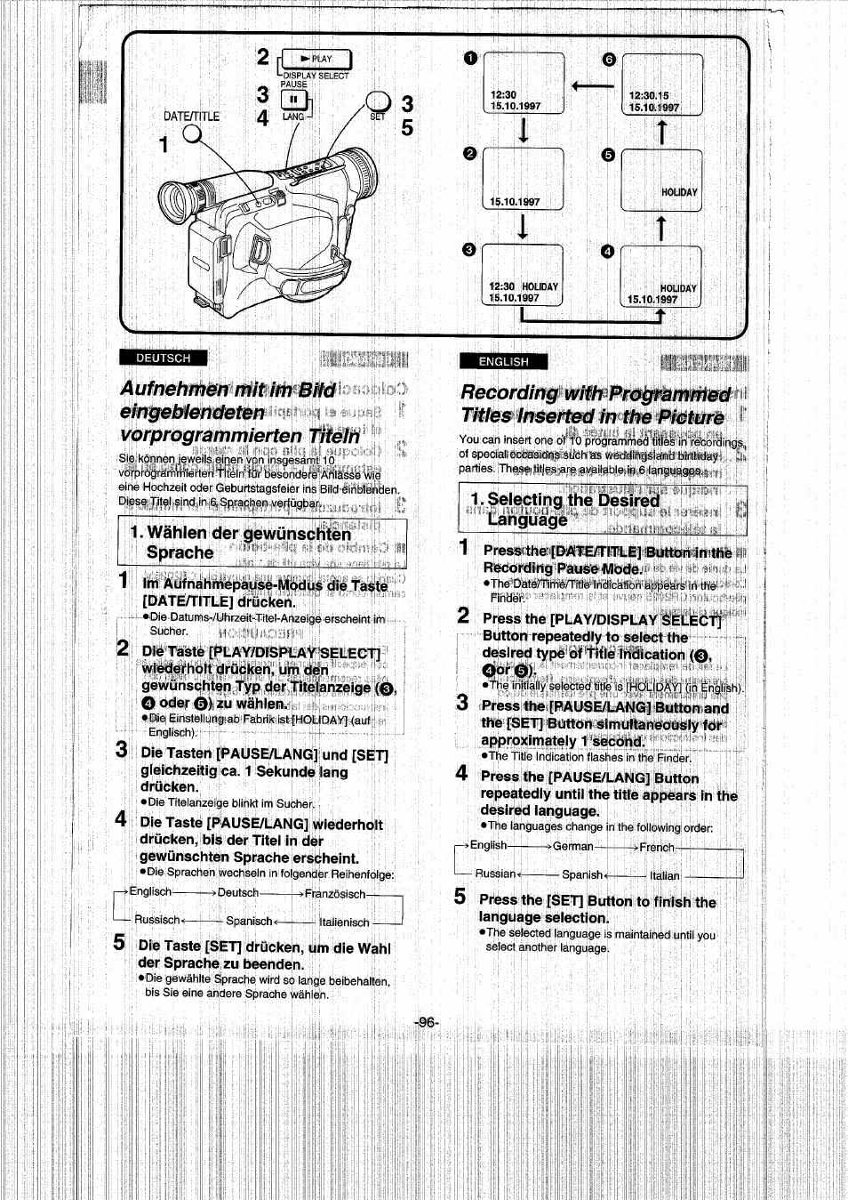 Wählen der gewünschten sprache, Selecting the desired language, 1 .wählen der gewünschten sprache | 1 .selecting the desired language | Panasonic NVRX50EG User Manual | Page 96 / 136