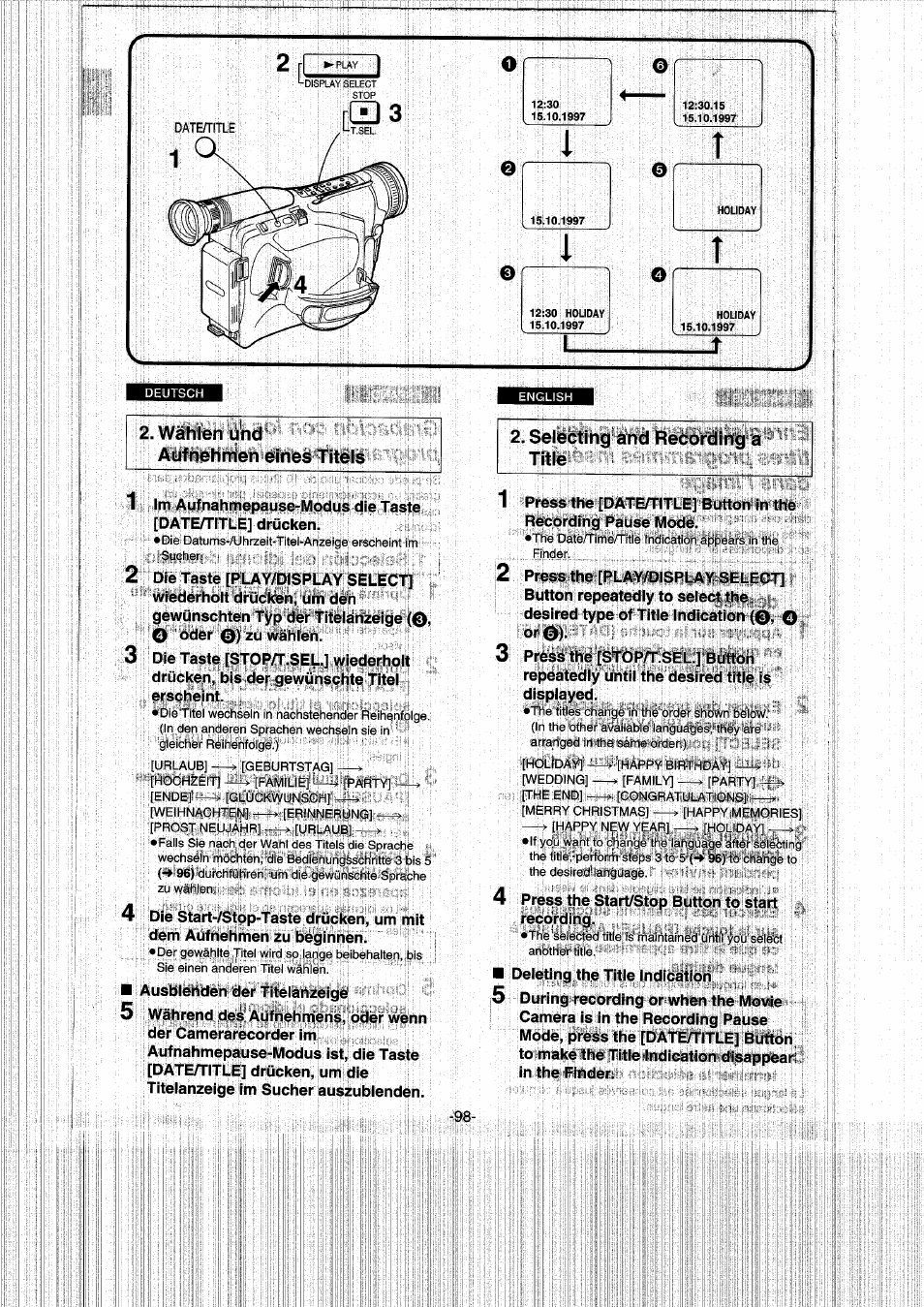 Wählen und aufnehmen eines titels, Selecting and recording a title, 0, o | Panasonic NVRX50EG User Manual | Page 98 / 136