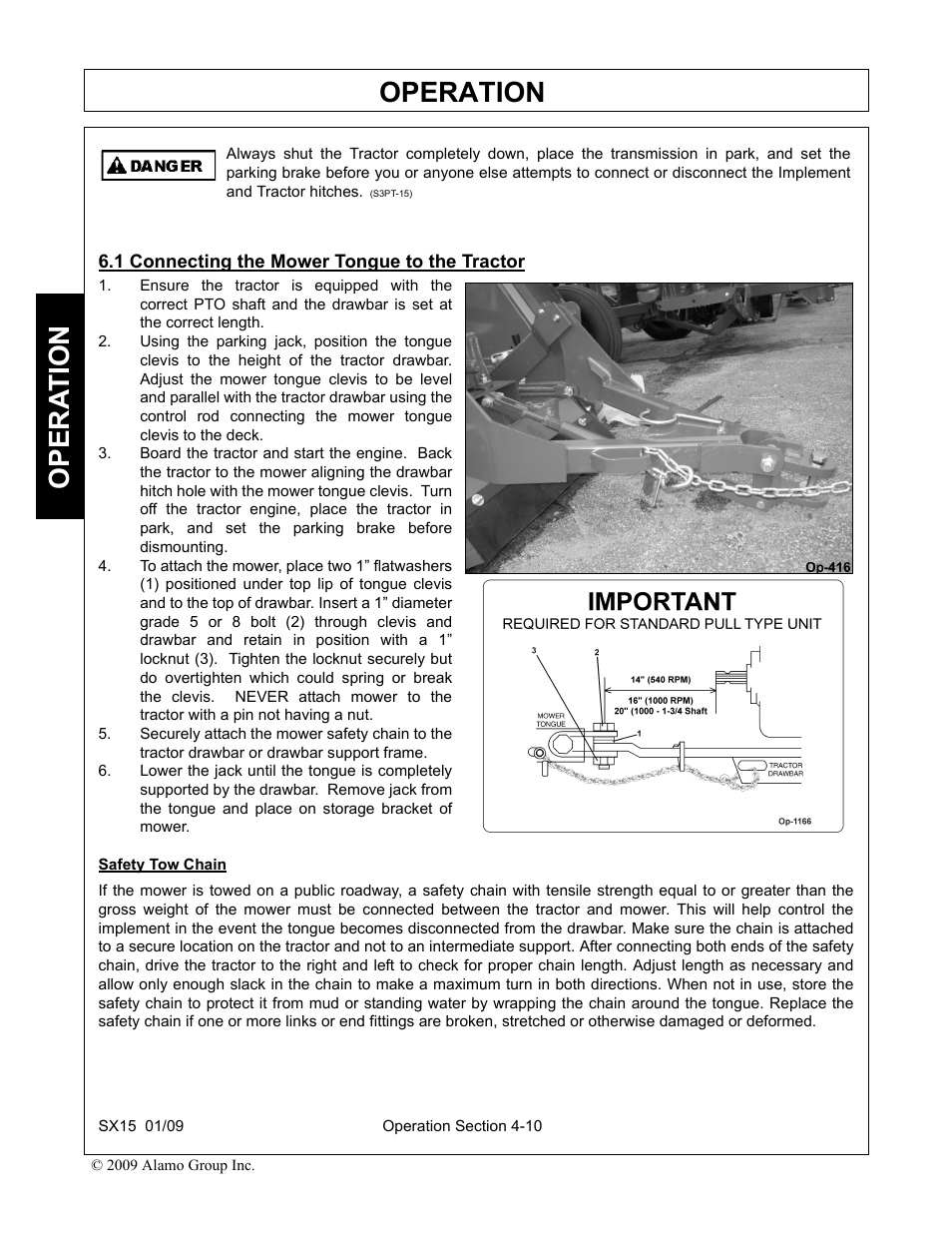1 connecting the mower tongue to the tractor, Connecting the mower tongue to the tractor -10, Operation | Opera t ion | Alamo SX15 User Manual | Page 102 / 160