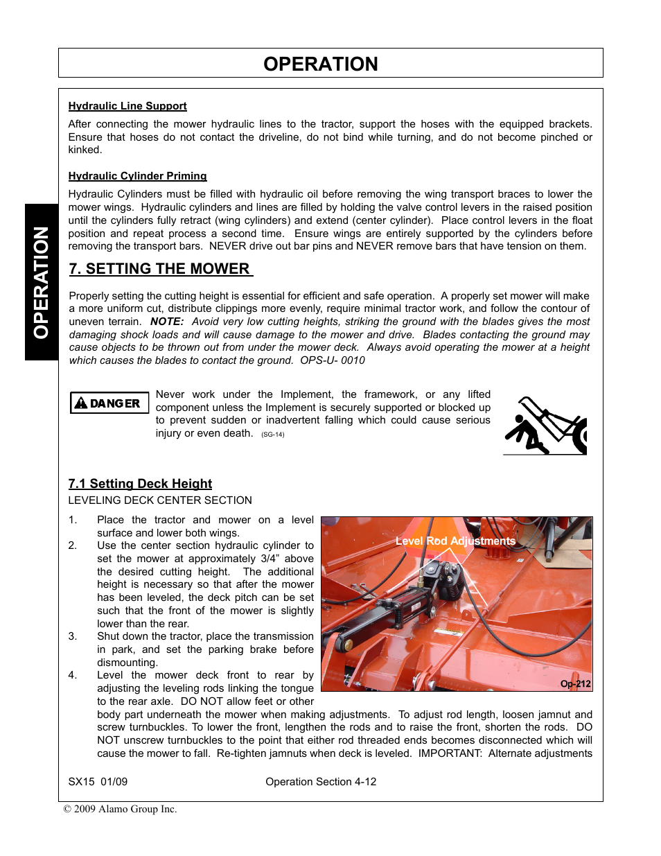 Setting the mower, 1 setting deck height, Setting the mower -12 setting deck height -12 | Operation, Opera t ion | Alamo SX15 User Manual | Page 104 / 160