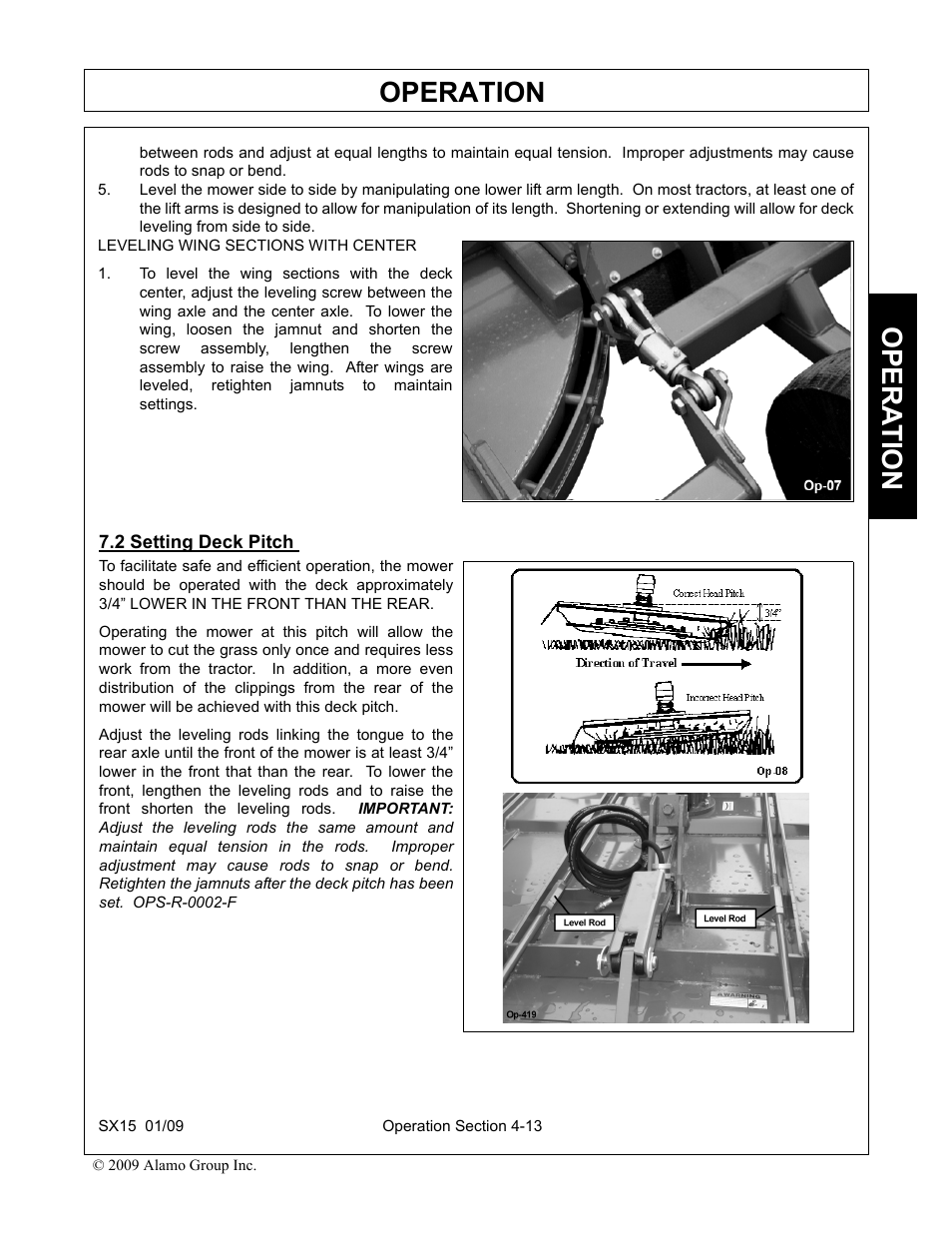 2 setting deck pitch, Setting deck pitch -13, Operation | Opera t ion | Alamo SX15 User Manual | Page 105 / 160
