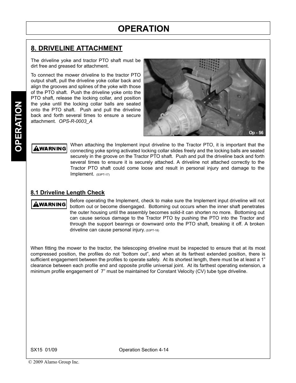 Driveline attachment, 1 driveline length check, Operation | Opera t ion | Alamo SX15 User Manual | Page 106 / 160