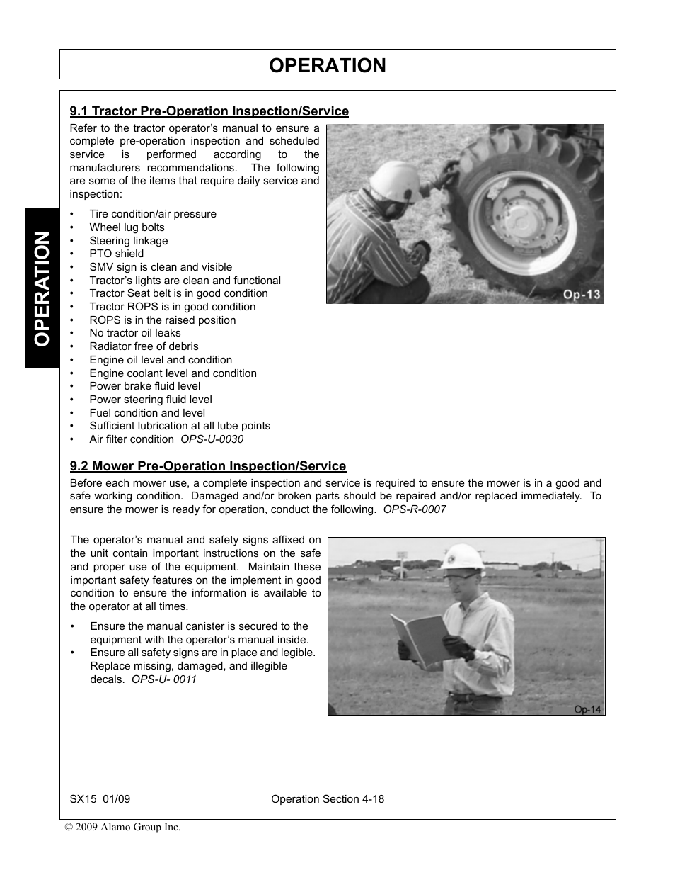 1 tractor pre-operation inspection/service, 2 mower pre-operation inspection/service, Operation | Opera t ion | Alamo SX15 User Manual | Page 110 / 160