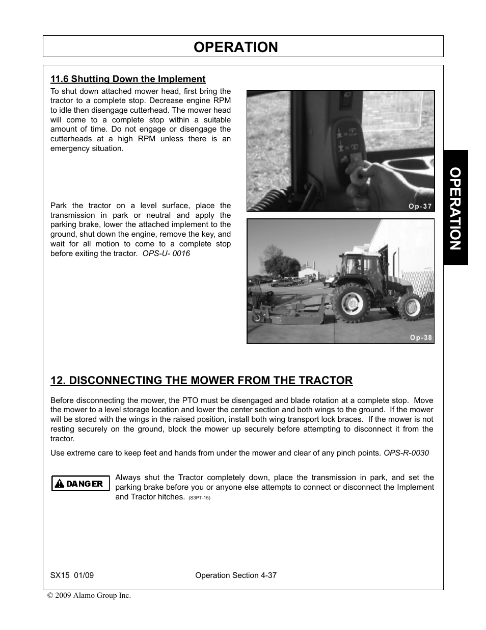 6 shutting down the implement, Disconnecting the mower from the tractor, Operation | Opera t ion | Alamo SX15 User Manual | Page 129 / 160