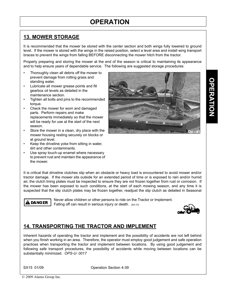 Mower storage, Transporting the tractor and implement, Operation | Opera t ion | Alamo SX15 User Manual | Page 131 / 160