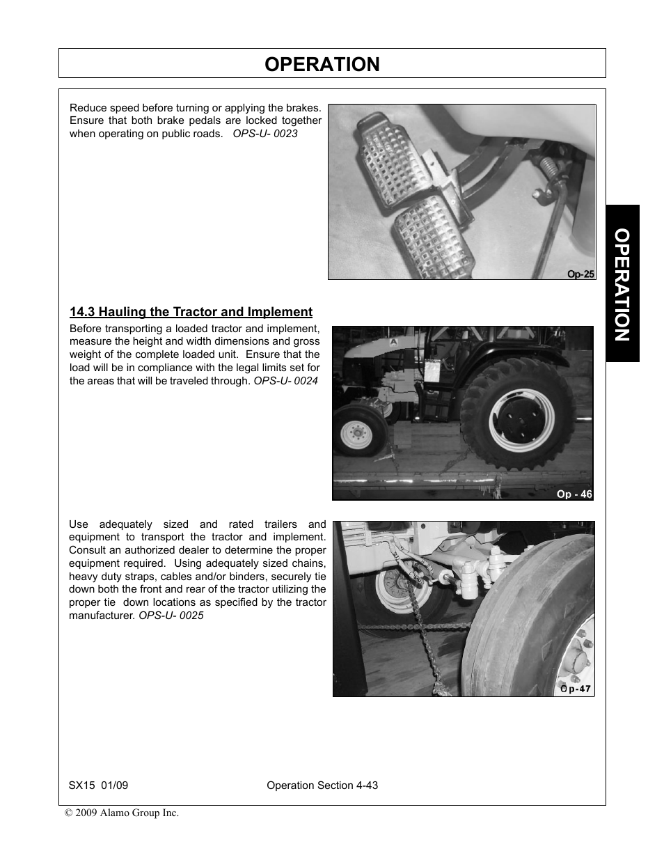 3 hauling the tractor and implement, Hauling the tractor and implement -43, Operation | Opera t ion | Alamo SX15 User Manual | Page 135 / 160