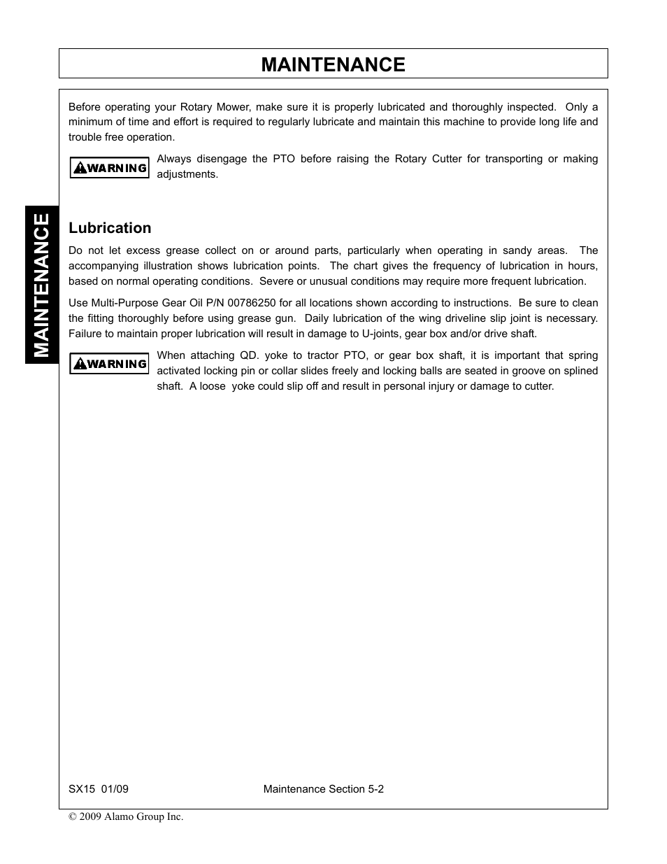 Lubrication, Lubrication -2, Maintenance | Alamo SX15 User Manual | Page 142 / 160
