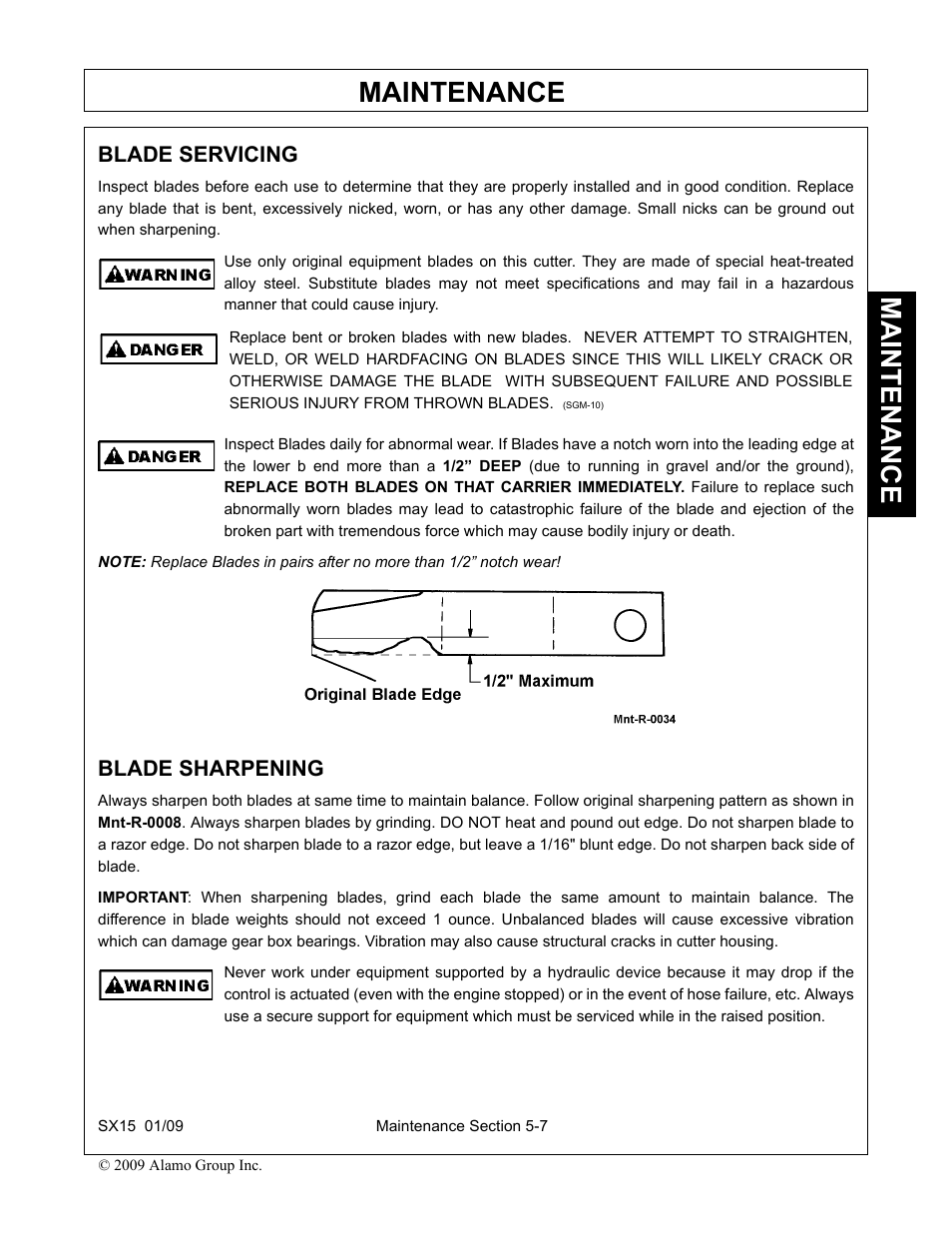 Blade servicing, Blade sharpening, Blade servicing -7 blade sharpening -7 | Maintenance | Alamo SX15 User Manual | Page 147 / 160