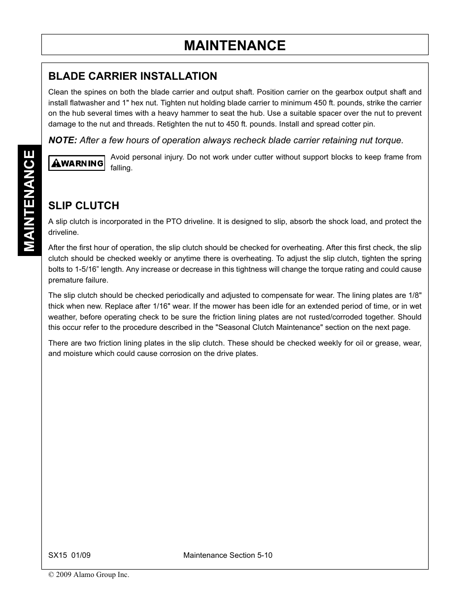 Blade carrier installation, Slip clutch, Blade carrier installation -10 slip clutch -10 | Maintenance | Alamo SX15 User Manual | Page 150 / 160