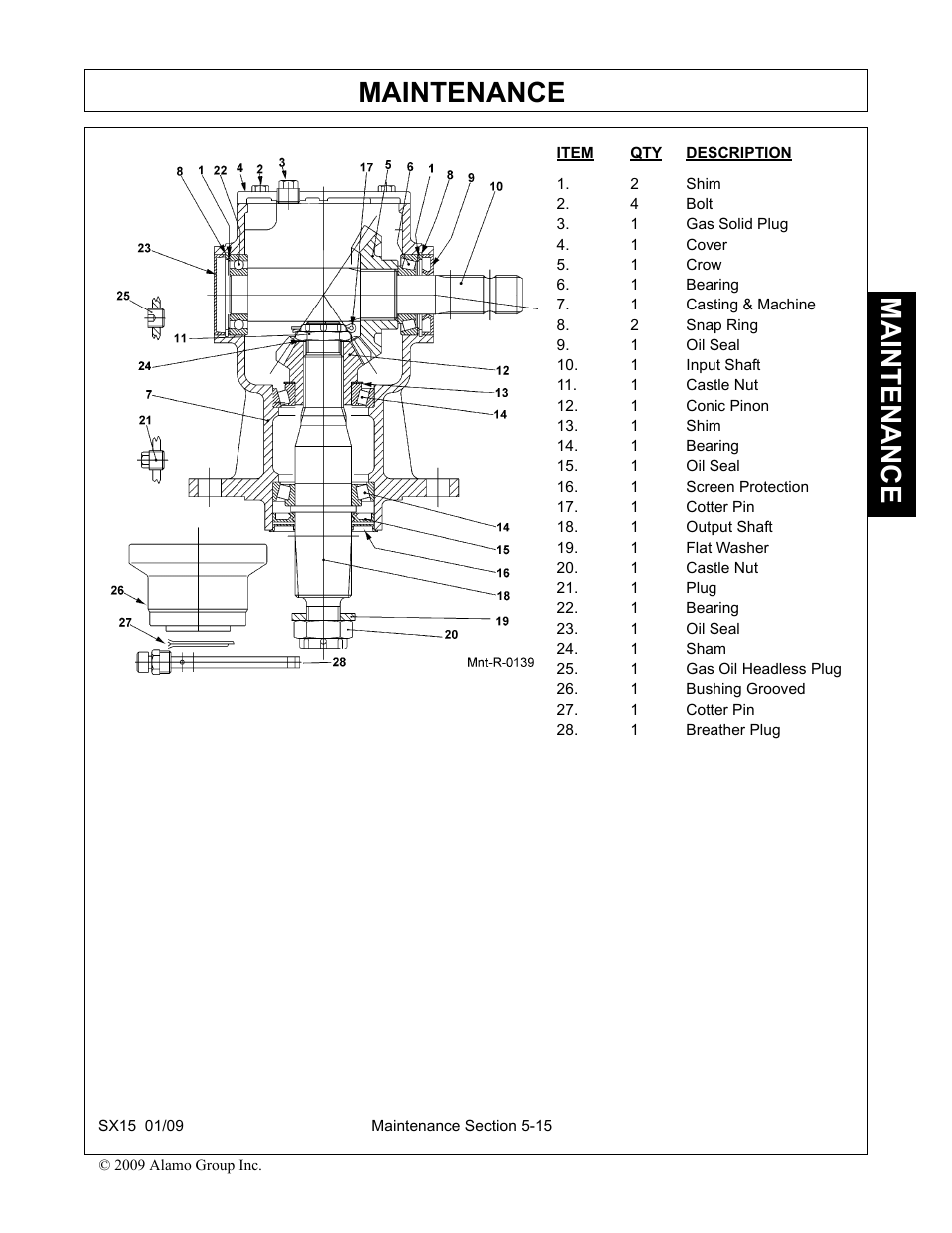 2 shim, 4 bolt, 1 gas solid plug | 1 cover, 1 crow, 1 bearing, 1 casting & machine, 2 snap ring, 1 oil seal, 1 input shaft | Alamo SX15 User Manual | Page 155 / 160