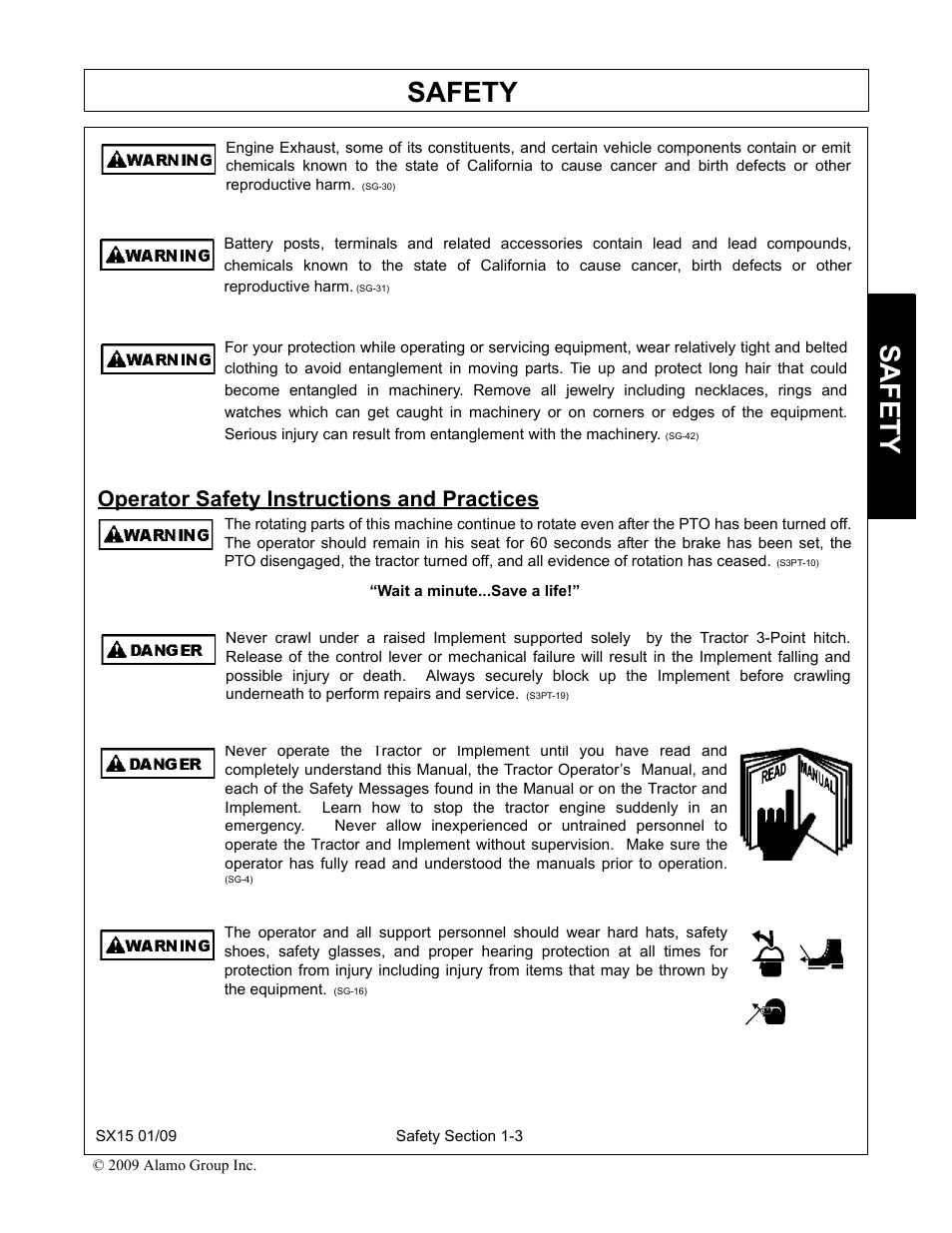 Operator safety instructions and practices, Operator safety instructions and practices -3, Safety | Alamo SX15 User Manual | Page 9 / 160