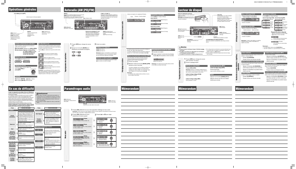 Opérations générales, En cas de difficulté, Autoradio (am [po]/fm) | Lecteur de disque, Paramétrages audio, Mémorandum, Opérations d’ordre général, Avertissement, Préréglage de station, Organigramme des opérations | Panasonic CQC1325N User Manual | Page 2 / 6