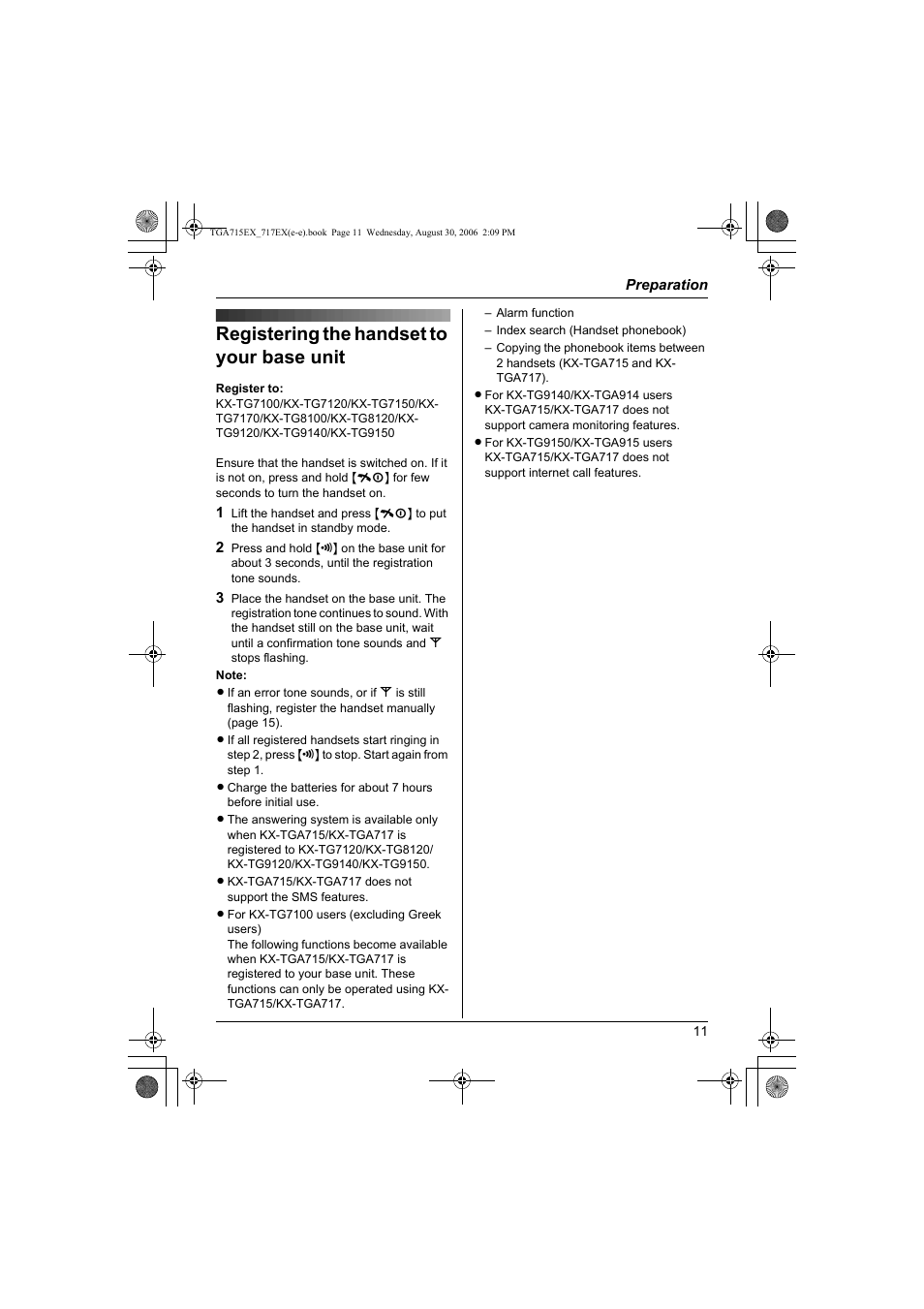 Registering the handset to your base unit | Panasonic KXTGA717EX User Manual | Page 11 / 80
