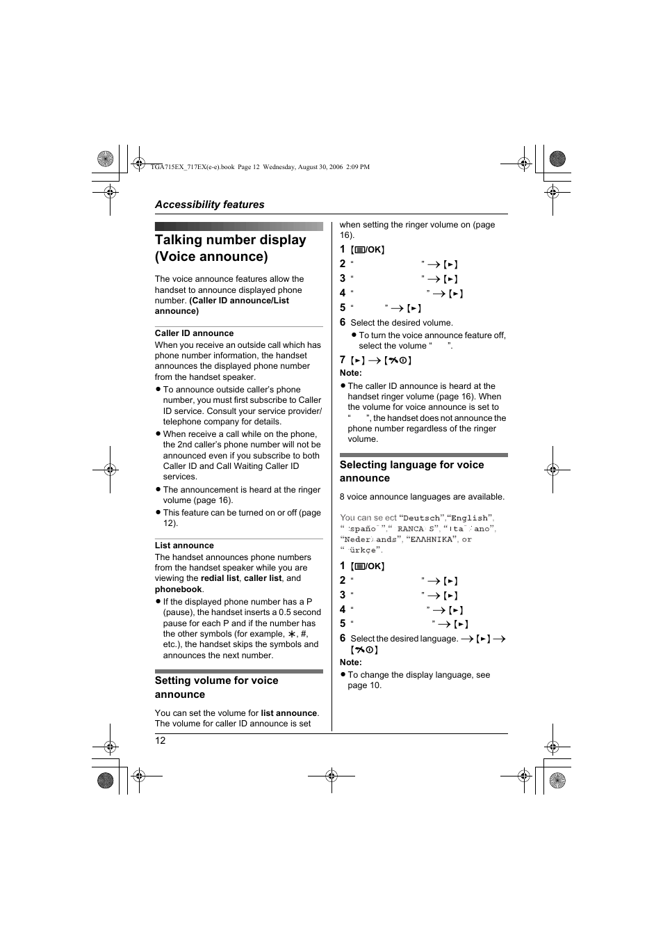 Accessibility features, Talking number display (voice announce) | Panasonic KXTGA717EX User Manual | Page 12 / 80