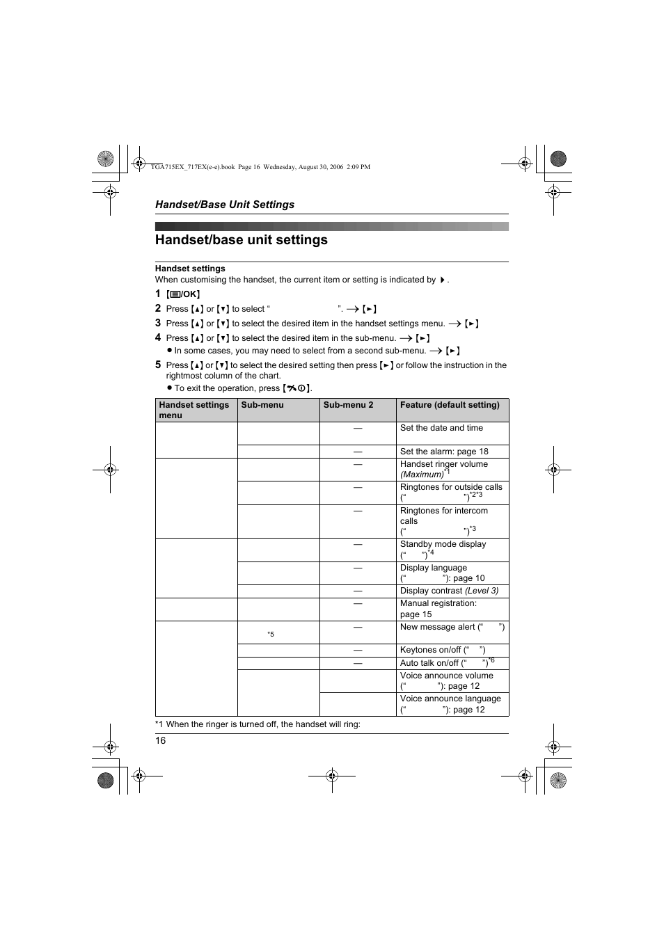 Handset/base unit settings | Panasonic KXTGA717EX User Manual | Page 16 / 80