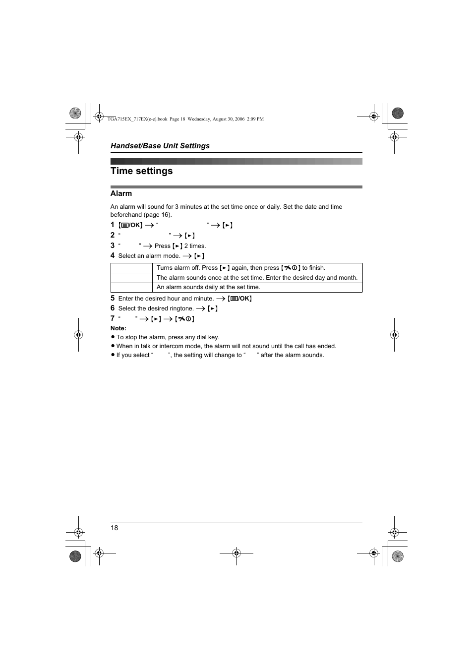 Time settings | Panasonic KXTGA717EX User Manual | Page 18 / 80