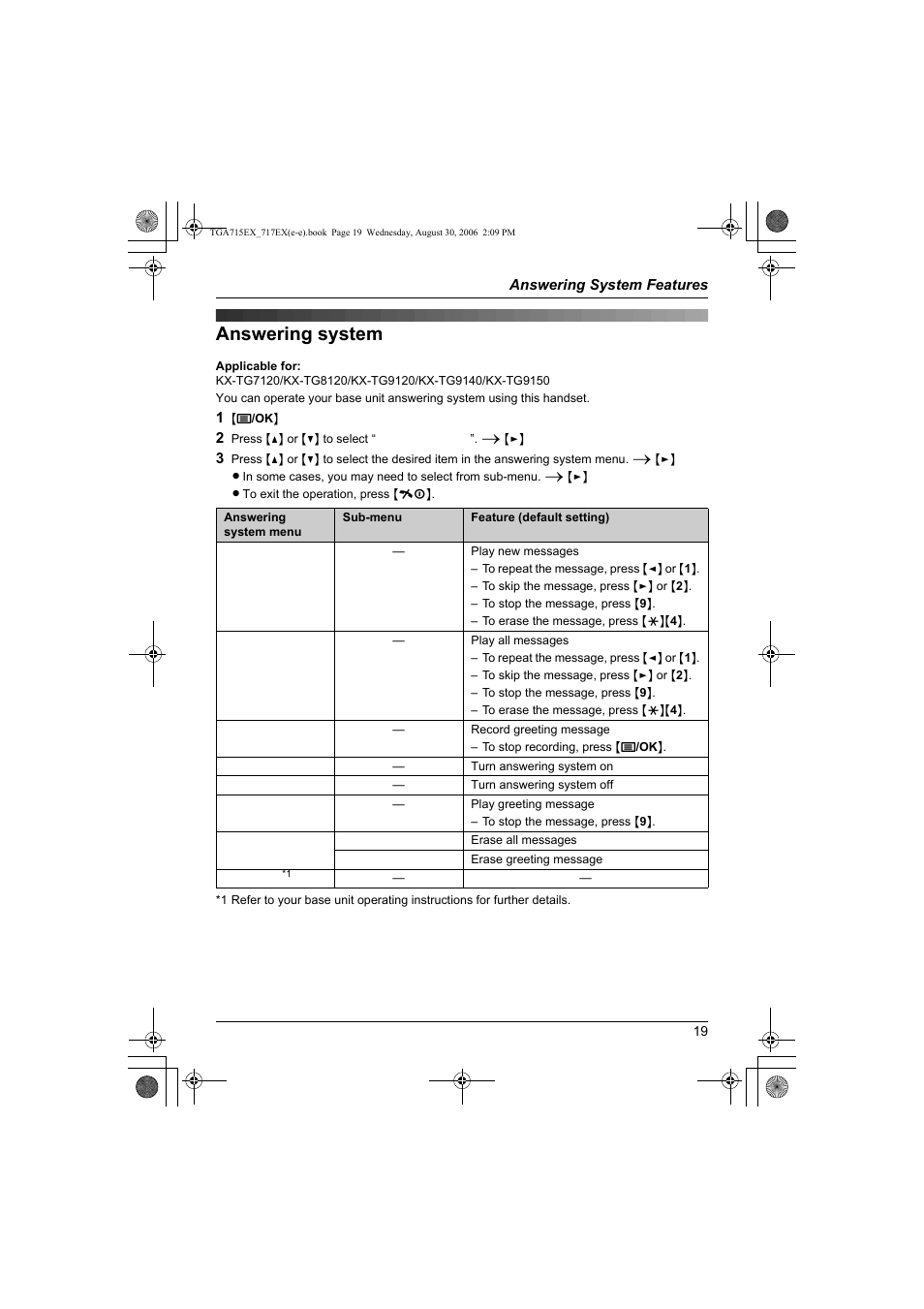 Answering system features, Answering system | Panasonic KXTGA717EX User Manual | Page 19 / 80