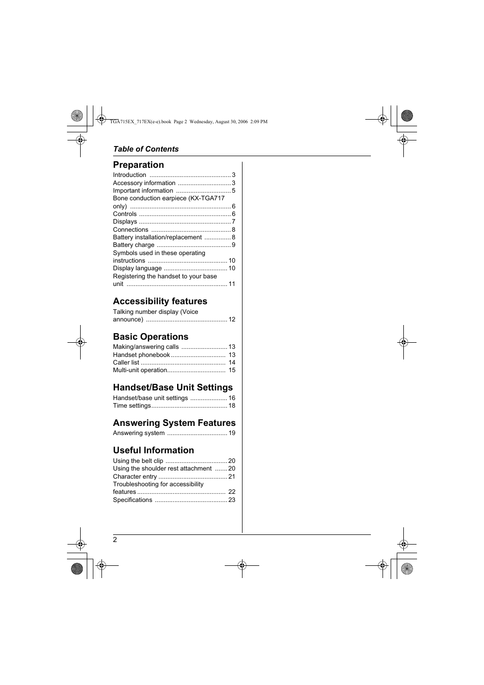 Preparation, Accessibility features, Basic operations | Handset/base unit settings, Answering system features, Useful information | Panasonic KXTGA717EX User Manual | Page 2 / 80