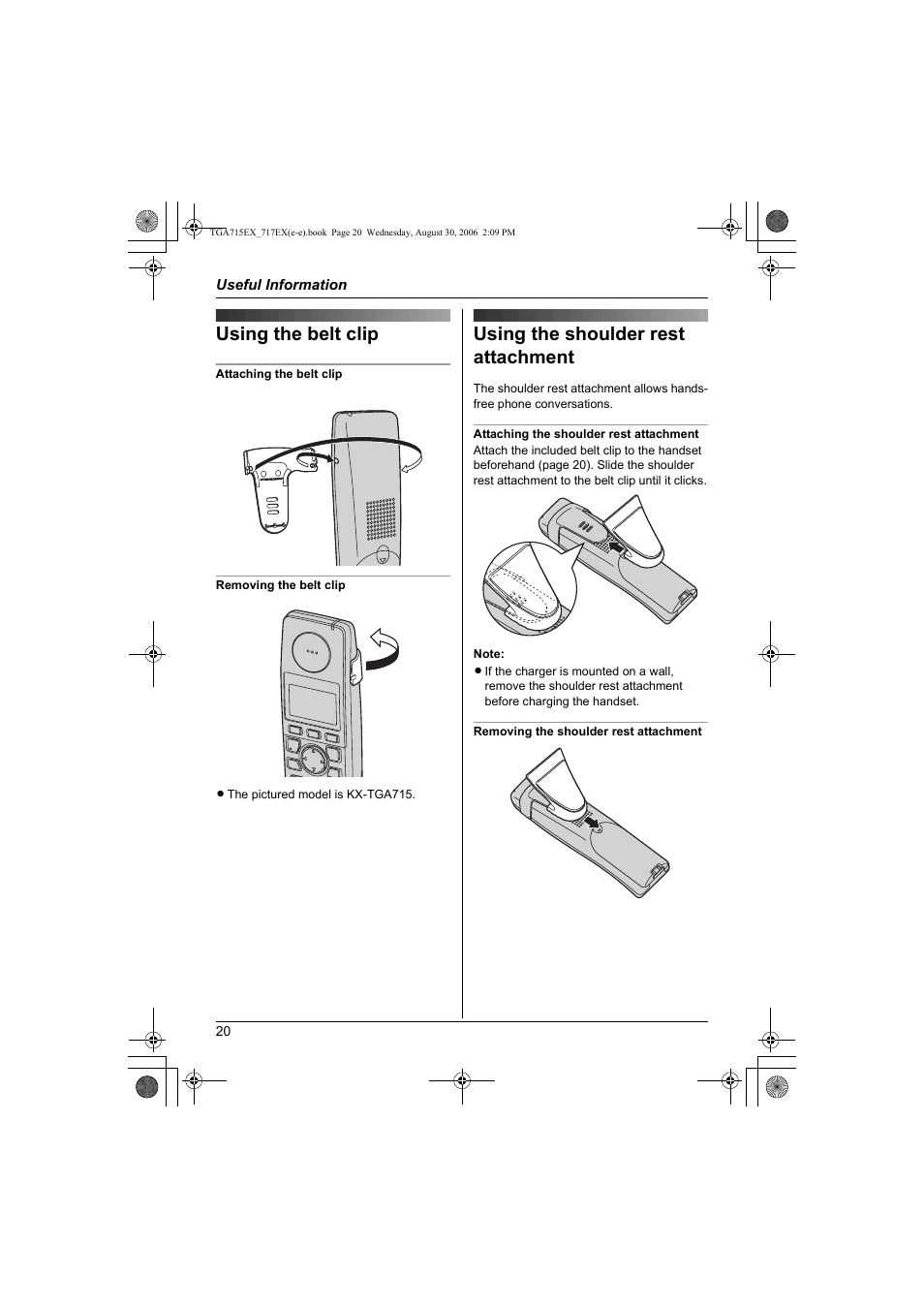 Useful information, Using the belt clip, Using the shoulder rest attachment | Panasonic KXTGA717EX User Manual | Page 20 / 80