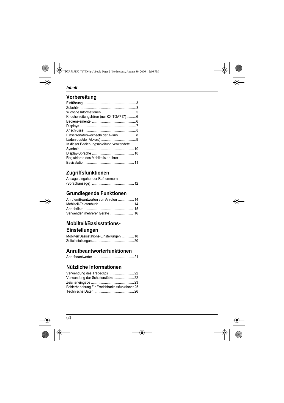Vorbereitung, Zugriffsfunktionen, Grundlegende funktionen | Mobilteil/basisstations- einstellungen, Anrufbeantworterfunktionen, Nützliche informationen | Panasonic KXTGA717EX User Manual | Page 26 / 80
