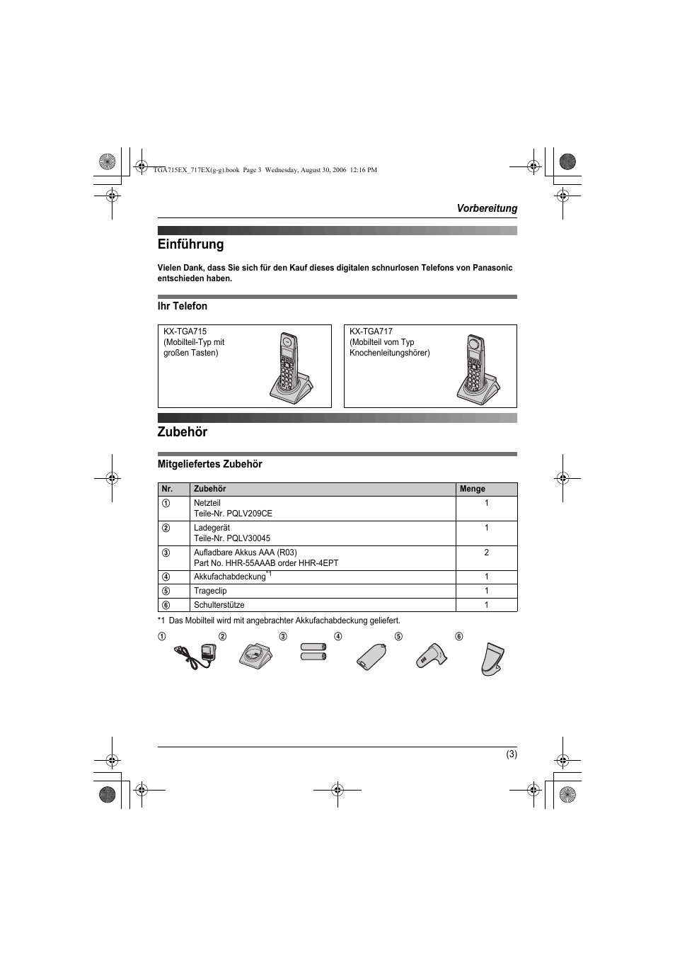 Vorbereitung, Einführung zubehör, Einführung | Zubehör | Panasonic KXTGA717EX User Manual | Page 27 / 80