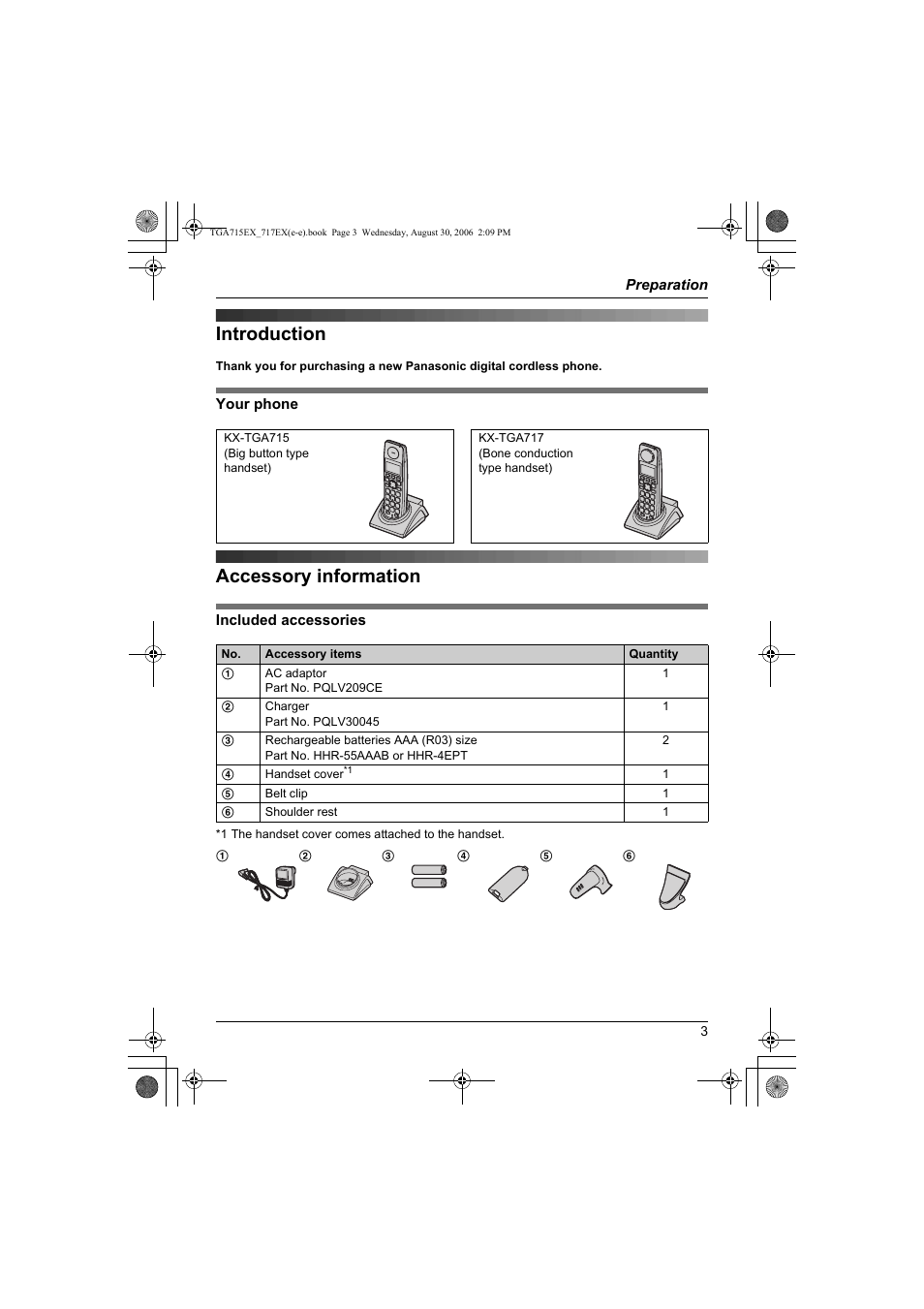 Preparation, Introduction accessory information, Introduction | Accessory information | Panasonic KXTGA717EX User Manual | Page 3 / 80